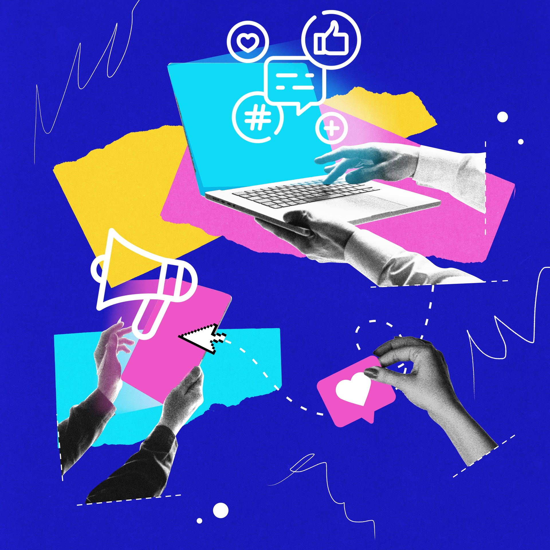 Hände, die mit digitalen Elementen, Laptop-, Tisch- und Social-Media-Symbolen vor leuchtend blauem Hintergrund interagieren. Konzeptentwurf.
